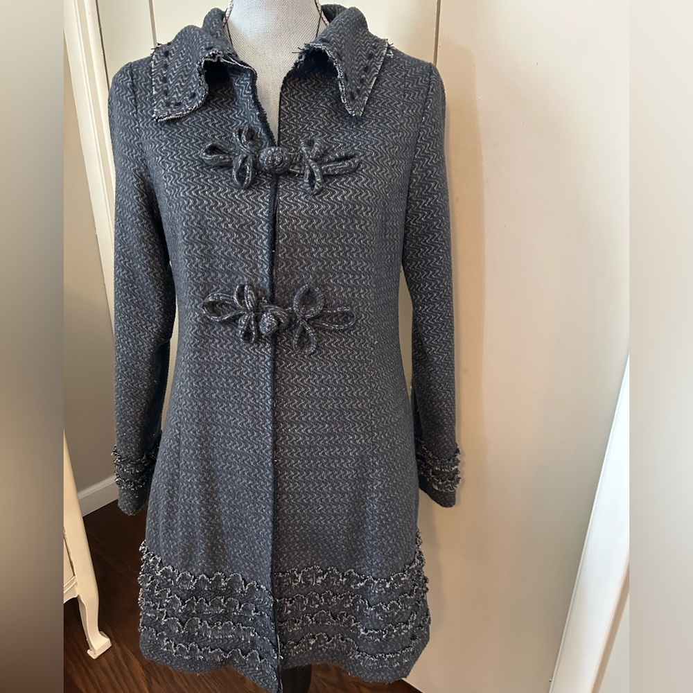 UNIQUE Muk Luks Wool Blend Tweed Toggle Coat - Fringe Ruffle Hem - Size S